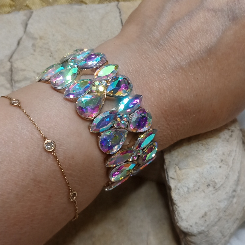 Aurora Borealis AB Crystal wide bracelet stretchy